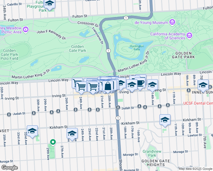 map of restaurants, bars, coffee shops, grocery stores, and more near 1278 20th Avenue in San Francisco