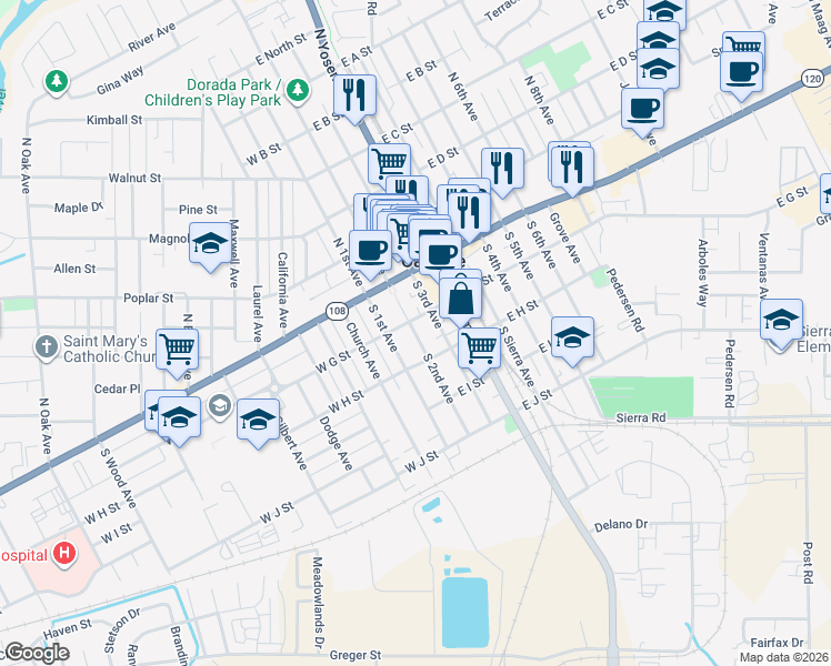 map of restaurants, bars, coffee shops, grocery stores, and more near 243 South 2nd Avenue in Oakdale