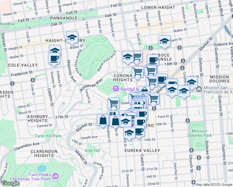map of restaurants, bars, coffee shops, grocery stores, and more near 199 Museum Way in San Francisco