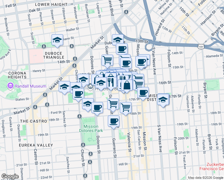 map of restaurants, bars, coffee shops, grocery stores, and more near 60 Camp Street in San Francisco