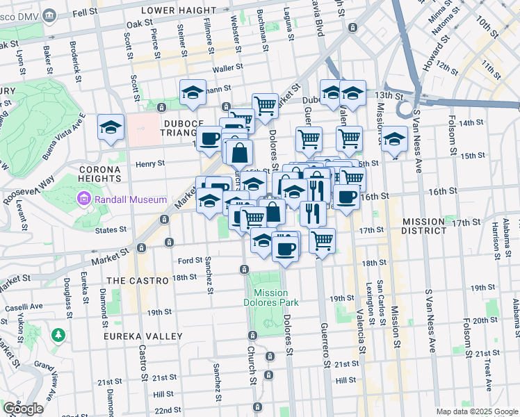 map of restaurants, bars, coffee shops, grocery stores, and more near 3321 16th Street in San Francisco