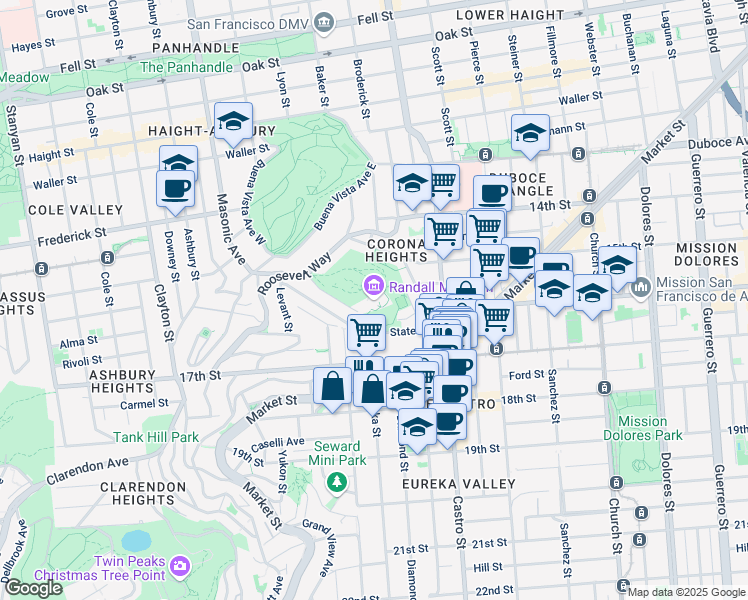 map of restaurants, bars, coffee shops, grocery stores, and more near 199 Museum Way in San Francisco