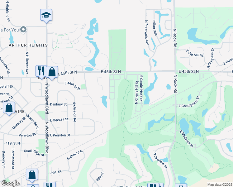 map of restaurants, bars, coffee shops, grocery stores, and more near 4410 Shadow Glen in Wichita