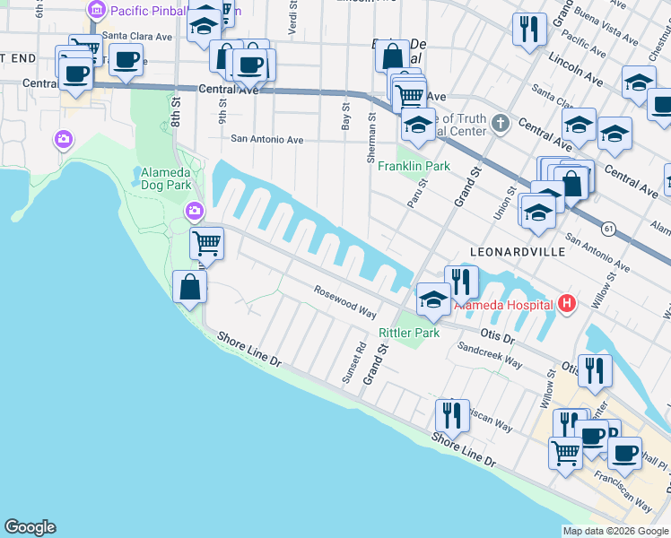 map of restaurants, bars, coffee shops, grocery stores, and more near 1166 Otis Drive in Alameda