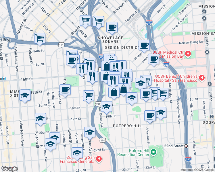 map of restaurants, bars, coffee shops, grocery stores, and more near Vermont Street in San Francisco