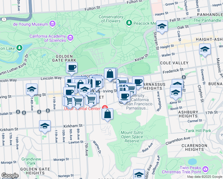 map of restaurants, bars, coffee shops, grocery stores, and more near 1319 3rd Avenue in San Francisco