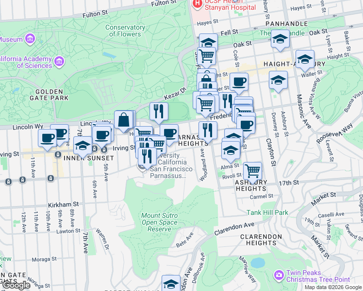 map of restaurants, bars, coffee shops, grocery stores, and more near 330 Parnassus Avenue in San Francisco