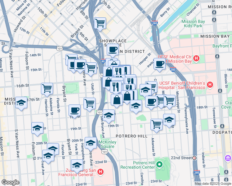map of restaurants, bars, coffee shops, grocery stores, and more near 450 Rhode Island Street in San Francisco