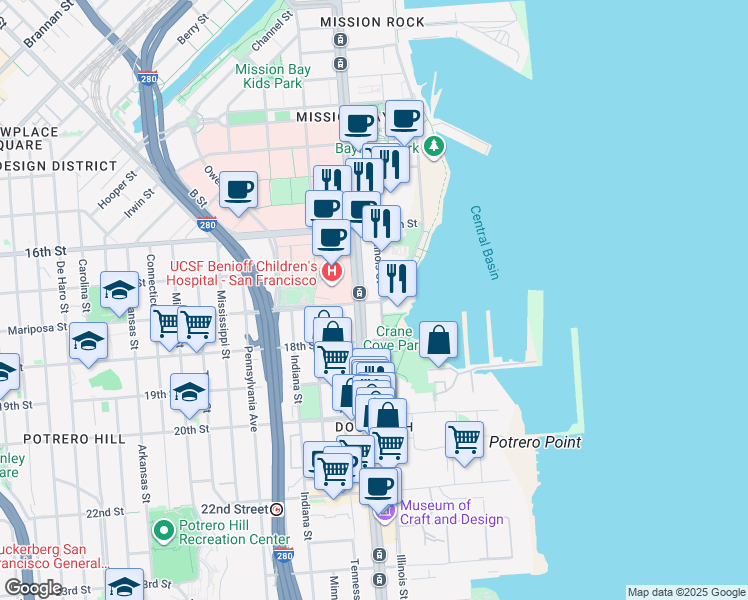 map of restaurants, bars, coffee shops, grocery stores, and more near 600 Illinois Street in San Francisco