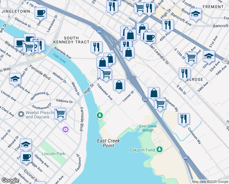 map of restaurants, bars, coffee shops, grocery stores, and more near 4450 Tidewater Ave in Oakland