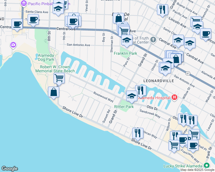map of restaurants, bars, coffee shops, grocery stores, and more near 618 Arlington Isle in Alameda