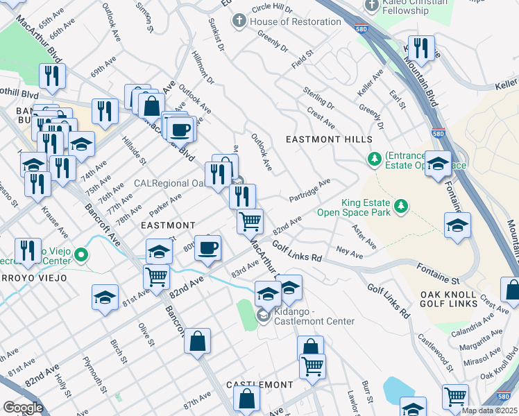 map of restaurants, bars, coffee shops, grocery stores, and more near 8039 Ney Avenue in Oakland