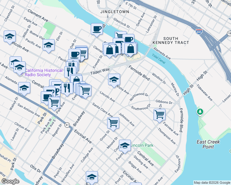 map of restaurants, bars, coffee shops, grocery stores, and more near 2700 Buena Vista Avenue in Alameda