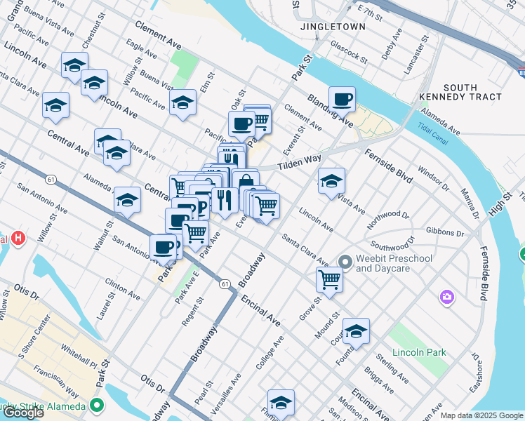 map of restaurants, bars, coffee shops, grocery stores, and more near 2514 Santa Clara Avenue in Alameda