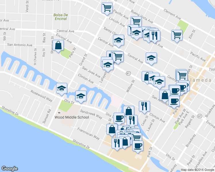 map of restaurants, bars, coffee shops, grocery stores, and more near 2025 Clinton Avenue in Alameda
