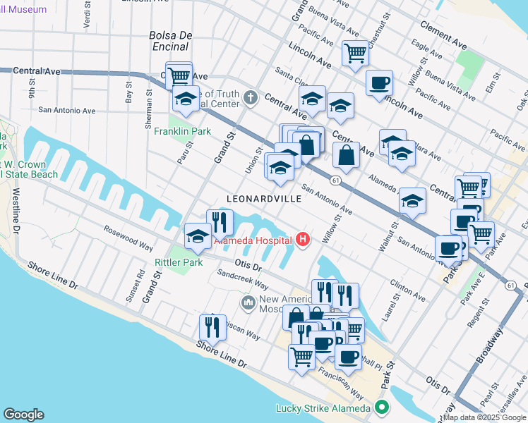 map of restaurants, bars, coffee shops, grocery stores, and more near 1912 Clinton Avenue in Alameda