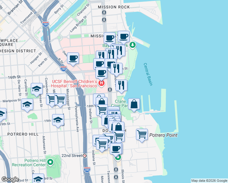 map of restaurants, bars, coffee shops, grocery stores, and more near 600 Illinois Street in San Francisco