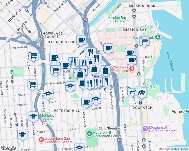 map of restaurants, bars, coffee shops, grocery stores, and more near 1316 Mariposa Street in San Francisco
