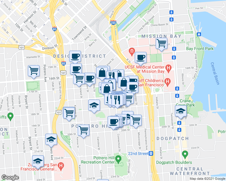 map of restaurants, bars, coffee shops, grocery stores, and more near in San Francisco
