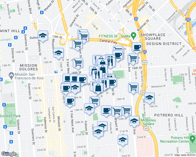 map of restaurants, bars, coffee shops, grocery stores, and more near 401 Alabama Street in San Francisco
