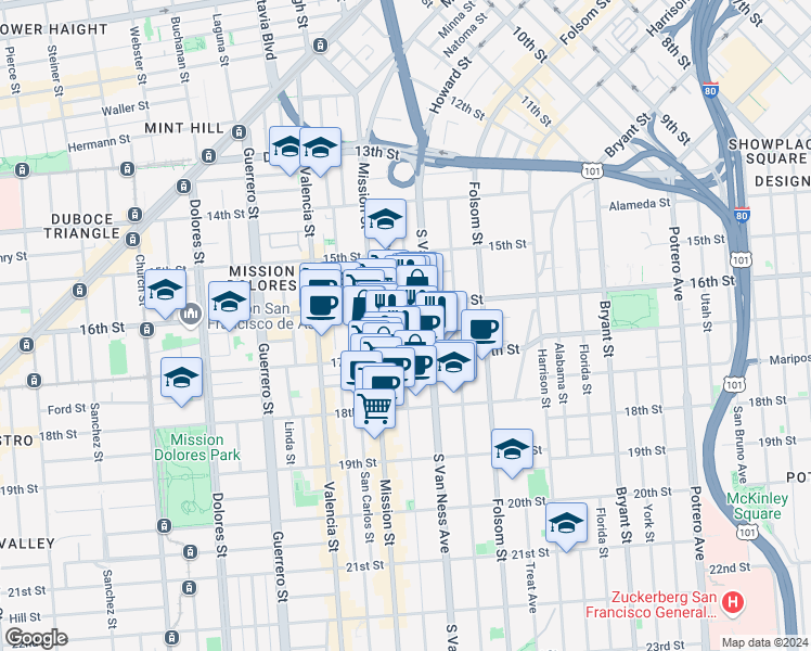 map of restaurants, bars, coffee shops, grocery stores, and more near in San Francisco