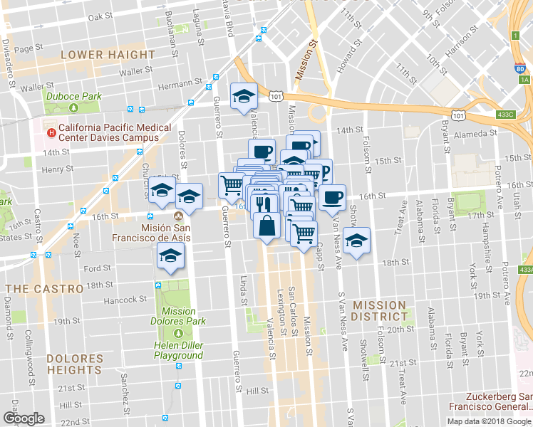 map of restaurants, bars, coffee shops, grocery stores, and more near 3083 16th Street in San Francisco
