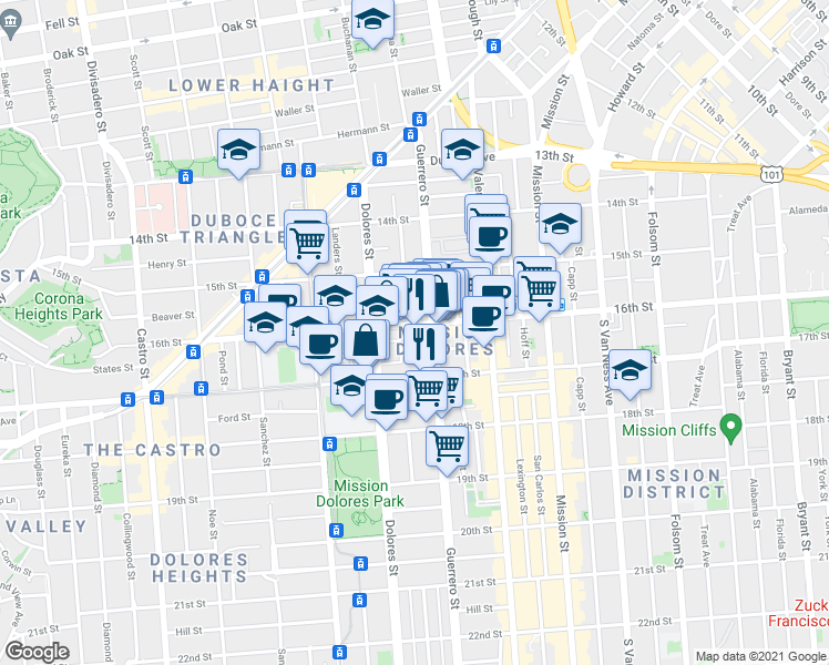 map of restaurants, bars, coffee shops, grocery stores, and more near 3245 16th Street in San Francisco