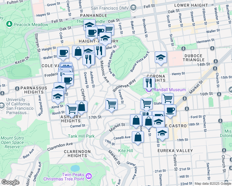 map of restaurants, bars, coffee shops, grocery stores, and more near 32 Clifford Terrace in San Francisco