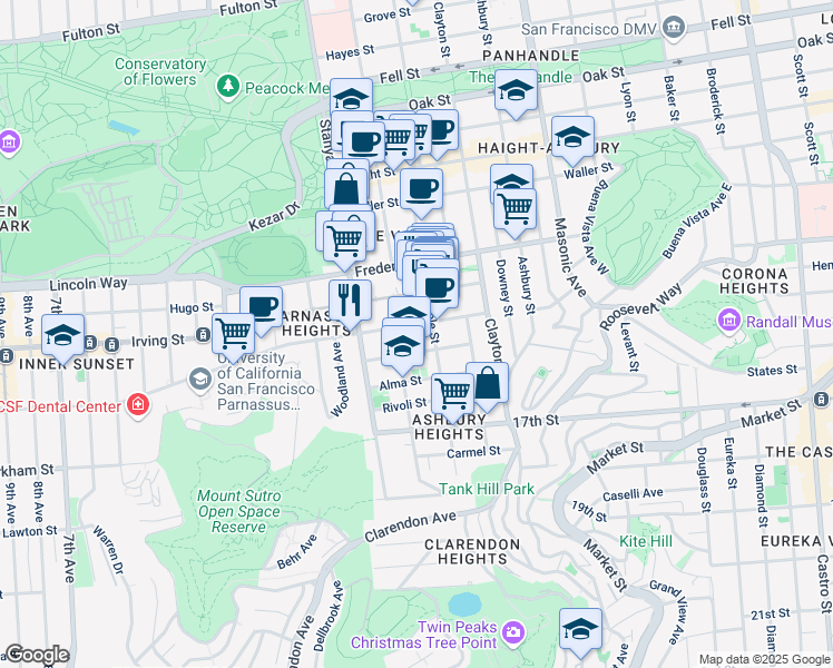 map of restaurants, bars, coffee shops, grocery stores, and more near 180 Grattan Street in San Francisco