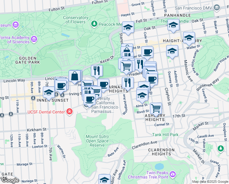 map of restaurants, bars, coffee shops, grocery stores, and more near 337 Parnassus Avenue in San Francisco