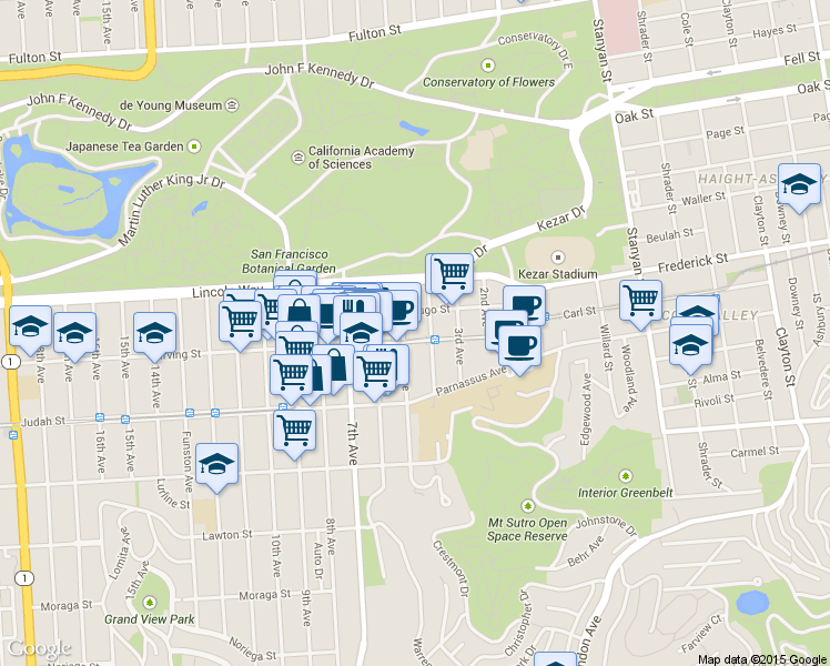 map of restaurants, bars, coffee shops, grocery stores, and more near 333 Irving Street in San Francisco