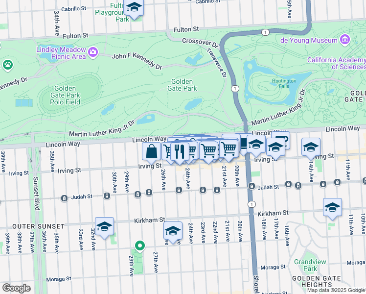 map of restaurants, bars, coffee shops, grocery stores, and more near 1265 24th Avenue in San Francisco