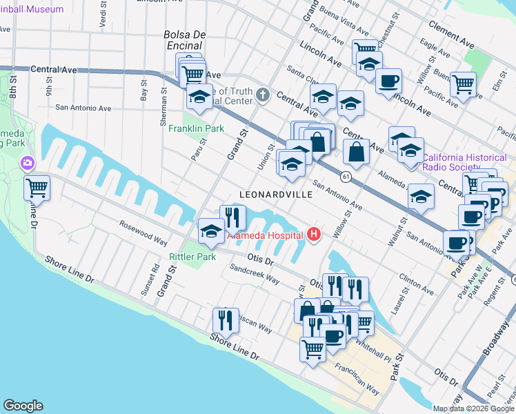 map of restaurants, bars, coffee shops, grocery stores, and more near 1822 Clinton Avenue in Alameda