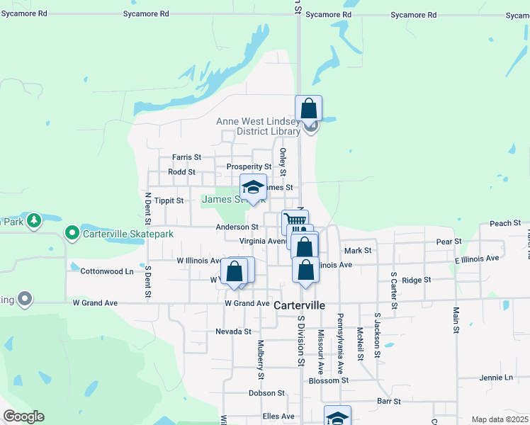 map of restaurants, bars, coffee shops, grocery stores, and more near 300 School Street in Carterville