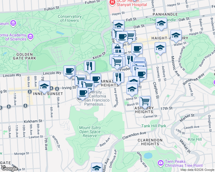 map of restaurants, bars, coffee shops, grocery stores, and more near 306 Parnassus Avenue in San Francisco