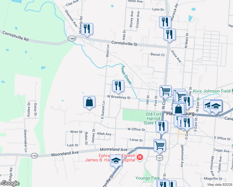 map of restaurants, bars, coffee shops, grocery stores, and more near 510 West Broadway Street in Harrodsburg