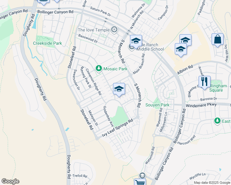 map of restaurants, bars, coffee shops, grocery stores, and more near 3002 Blackberry Avenue in San Ramon