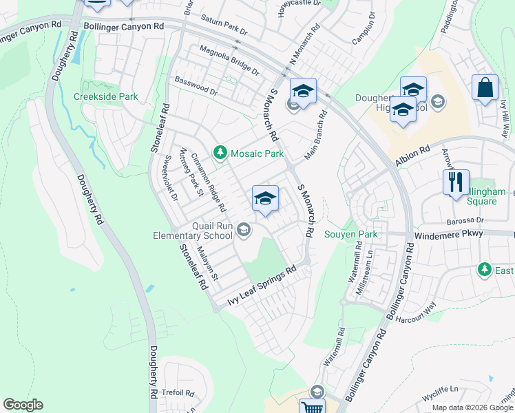 map of restaurants, bars, coffee shops, grocery stores, and more near 3002 Blackberry Avenue in San Ramon