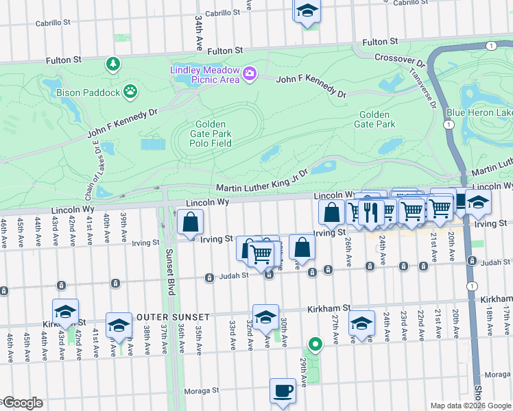 map of restaurants, bars, coffee shops, grocery stores, and more near 1244 31st Avenue in San Francisco