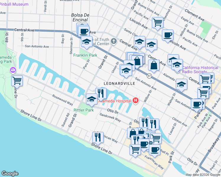 map of restaurants, bars, coffee shops, grocery stores, and more near 1814 Clinton Avenue in Alameda