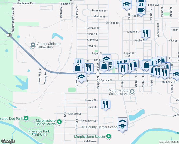 map of restaurants, bars, coffee shops, grocery stores, and more near 2029 Walnut Street in Murphysboro