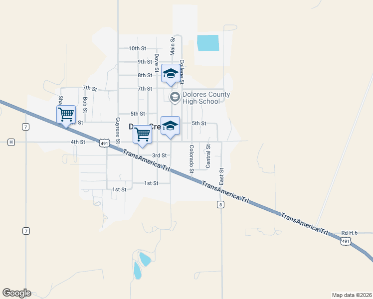 map of restaurants, bars, coffee shops, grocery stores, and more near 200-398 Colorado Street in Dove Creek