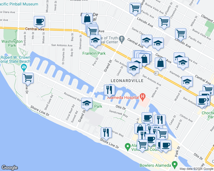 map of restaurants, bars, coffee shops, grocery stores, and more near 738 Palmera Court in Alameda