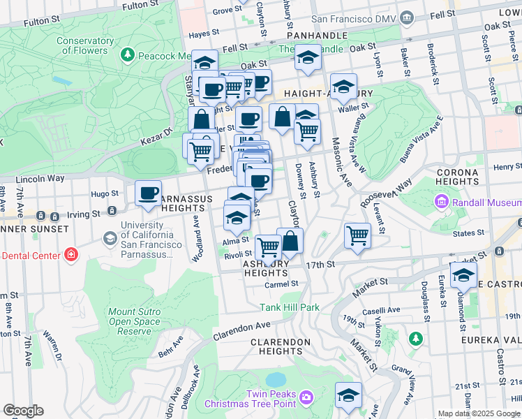 map of restaurants, bars, coffee shops, grocery stores, and more near 1026 Cole Street in San Francisco
