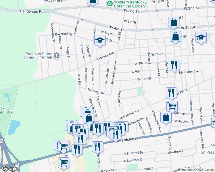 map of restaurants, bars, coffee shops, grocery stores, and more near 1037 Gardenside Drive in Owensboro