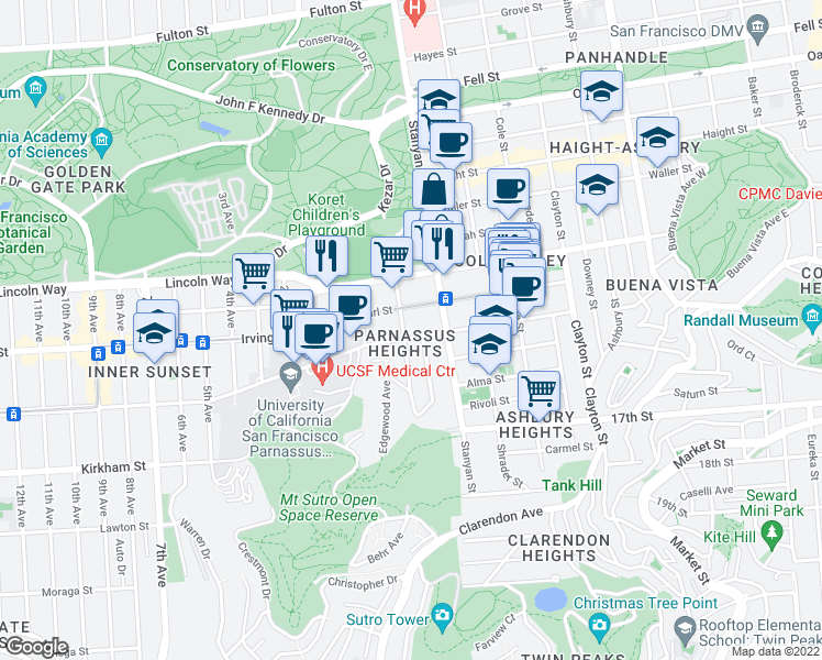 map of restaurants, bars, coffee shops, grocery stores, and more near 286 Parnassus Avenue in San Francisco