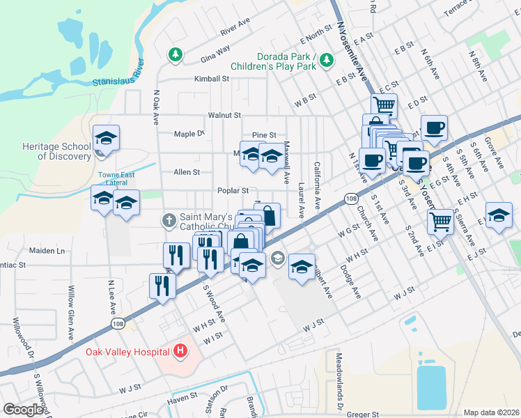 map of restaurants, bars, coffee shops, grocery stores, and more near 121 North Bryan Avenue in Oakdale