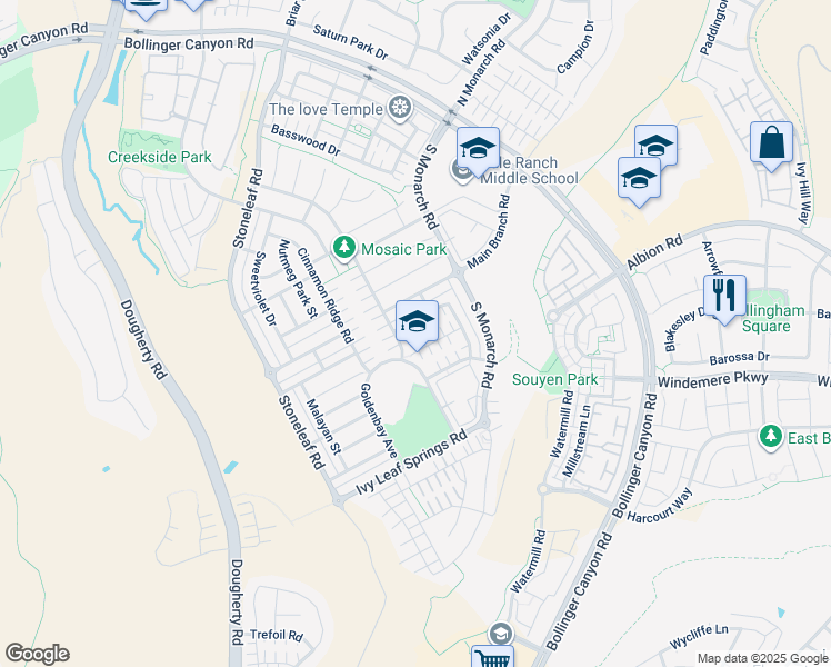map of restaurants, bars, coffee shops, grocery stores, and more near 3015 Blackberry Avenue in San Ramon
