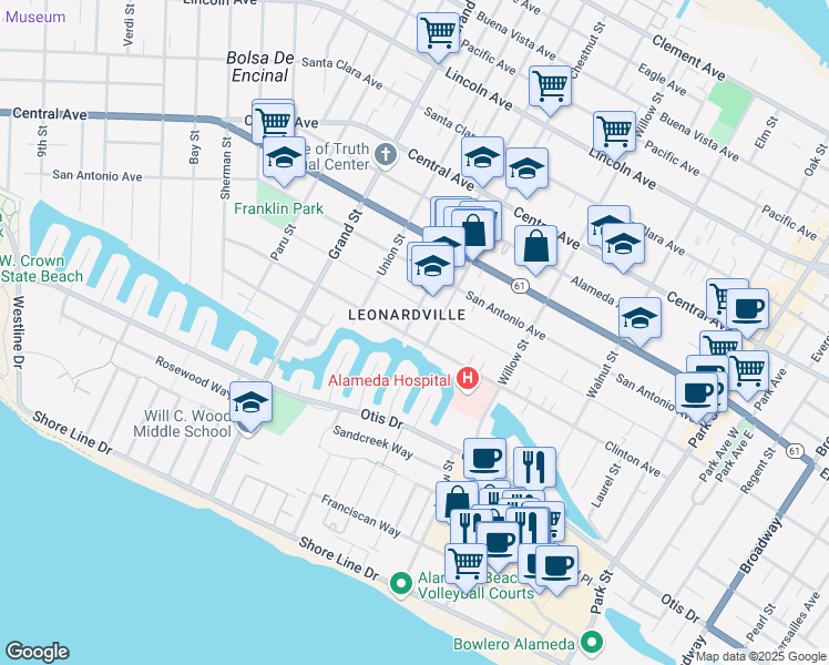 map of restaurants, bars, coffee shops, grocery stores, and more near 1901 Clinton Avenue in Alameda