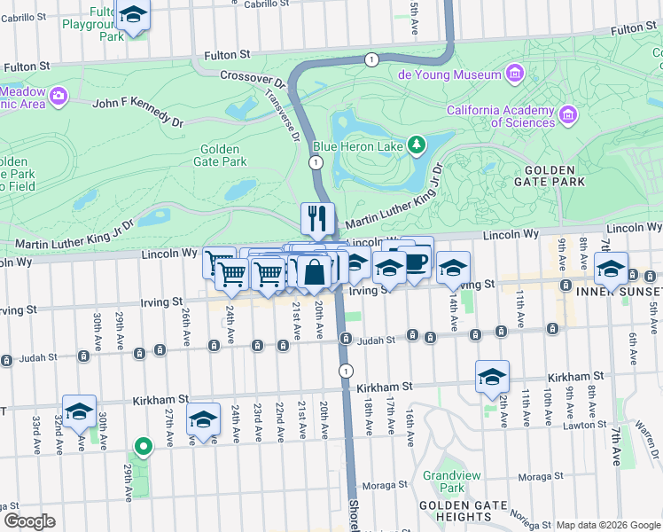 map of restaurants, bars, coffee shops, grocery stores, and more near 1243 19th Avenue in San Francisco